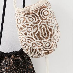 Free People Geometric Glass Beaded Pouch Ivory Taupe Drawstring Bucket Bag